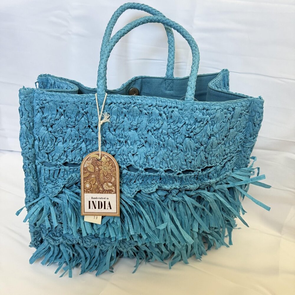 Handmade India Straw Paper Fringe Tote Bag Bright Blue NWT Woven